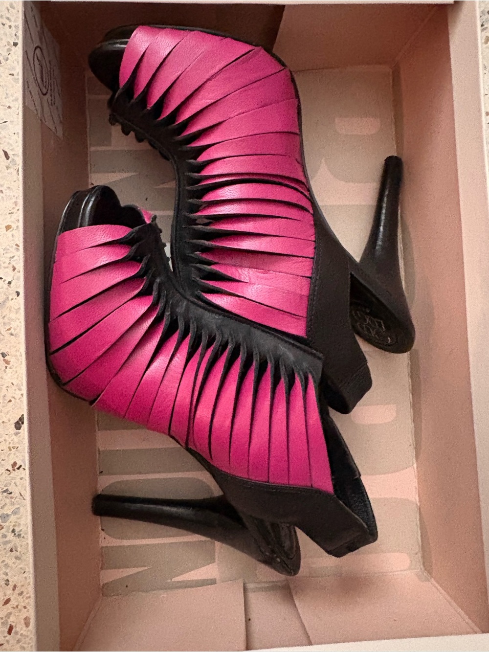 BCBGeneration Pink and Black Strappy Peep-Toe Heels